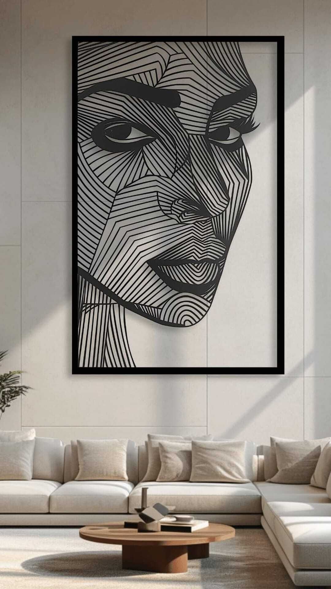 Lady Modern Abstract Metal Wall Art - Black Framed Geometric Face Decor