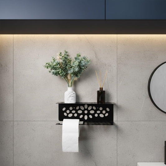 Matte Black Toilet Paper Holder with Integrated Storage Shelf